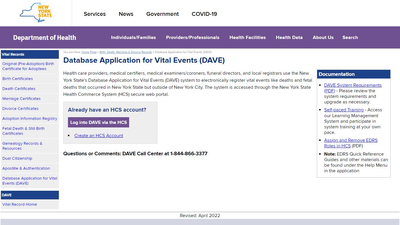 NYS Database Application Vital Events (DAVE) - New York State ...